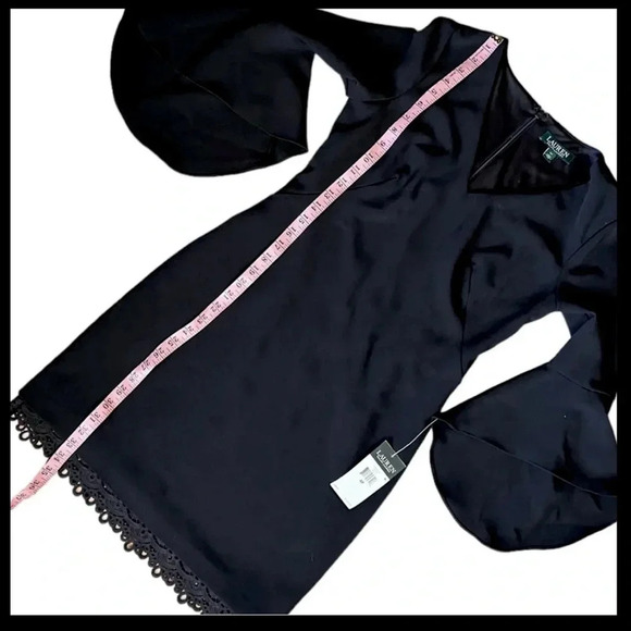 RALPH LAUREN Black Knee Length Sheath Dress Bell Sleeve V-neck Lace Hem Formal 4 - Picture 6 of 10